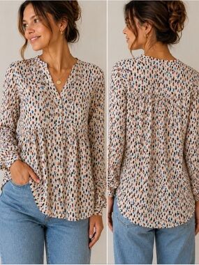 Maeve Anthropologie Printed Pintuck Tunic Blouse Boho Peasant Top US 10